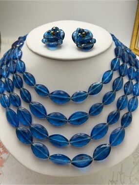 VintageBlue Bead four strand Necklace with Matching Clip-On Earrings